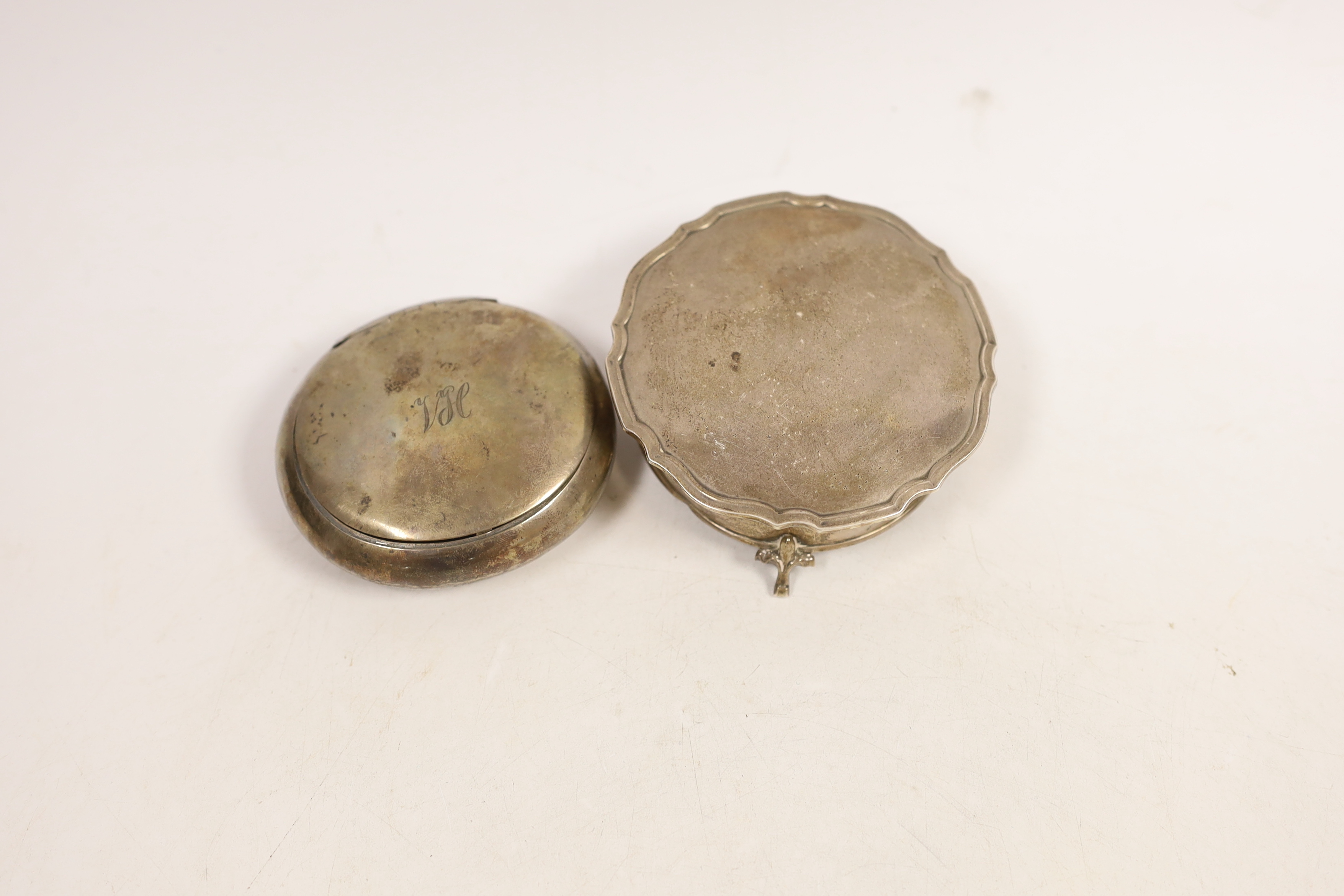 A Victorian silver tobacco box, London, 1873, 76mm and a late silver mounted trinket box.